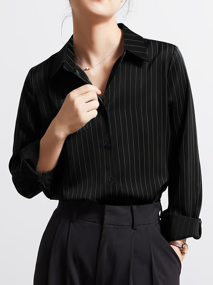 Striped Button Up Chest Pocket Blouse, Elegant Lapel Collar Long Sleeve Blouse, Women's Clothing
