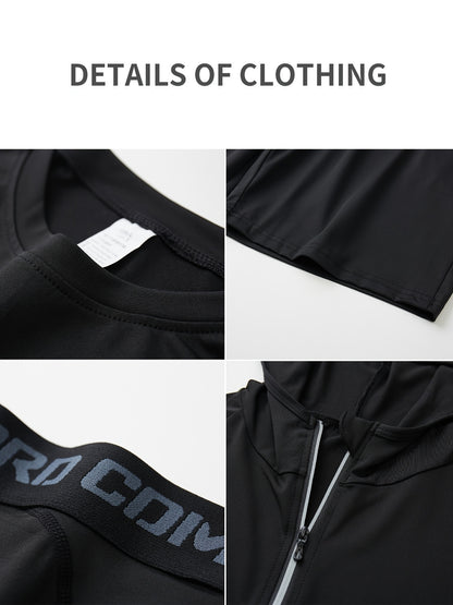 Xinso Prince 5pcs Men's Zip Up Hooded Jacket & Compression T-shirt & Long Sleeve Workout Top & Shorts & Leggings For Fitness