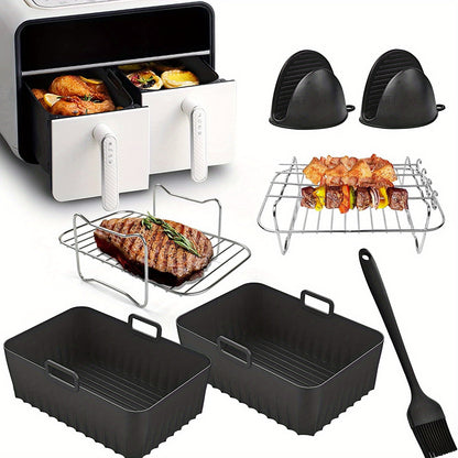 11pcs Air Fryer Accessories Kit - Perfect for Ninja Dual&Tower Air Fryer, Includes 2 Reusable Liners, 2 Racks, 4 Skewers, Silicone Gloves & Brush!