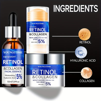 YOUNGCOME Retinol+collagen complex+hyaluronic acid Light Beige care set, powerful moisturizing face cream and firming essence, three piece neck care stick, alcohol free, suitable for all Light Beige types,make Light Beige you