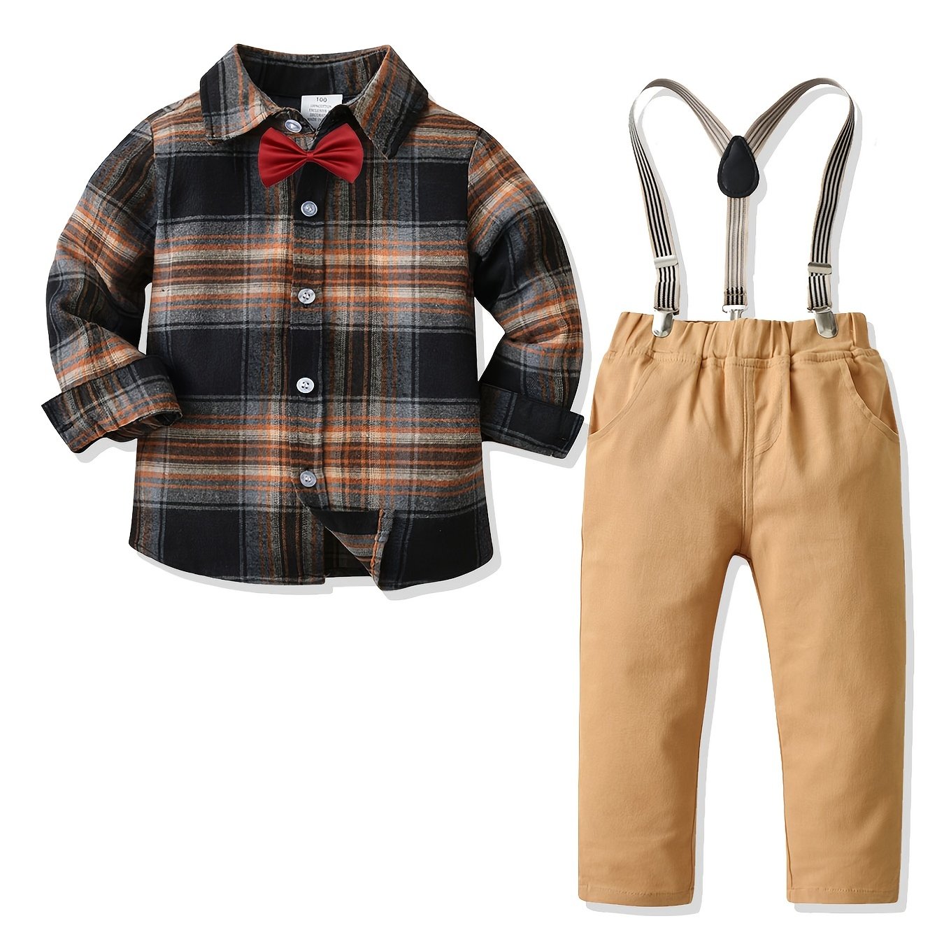 Baby Boy's Gentleman Outfit Long Sleeve Button Bowtie Plaid Shirt & Suspender Pants Set For Daily & Outdoor Wear