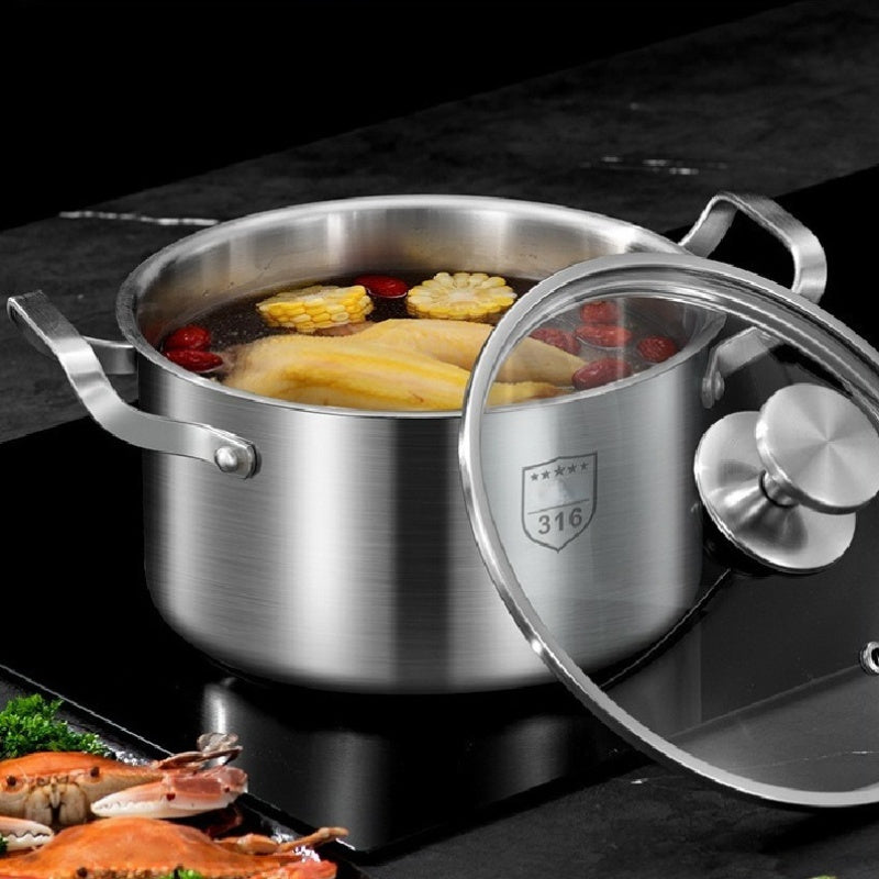 Premium Stainless Steel Soup Pot with Lid - Induction Compatible, Thickened Double-Handle Design for Home Cooking, Steaming, and Soup Preparation - Perfect for Outdoor Camping, Uncharged Power Source, Camping Cookware|Sleek C