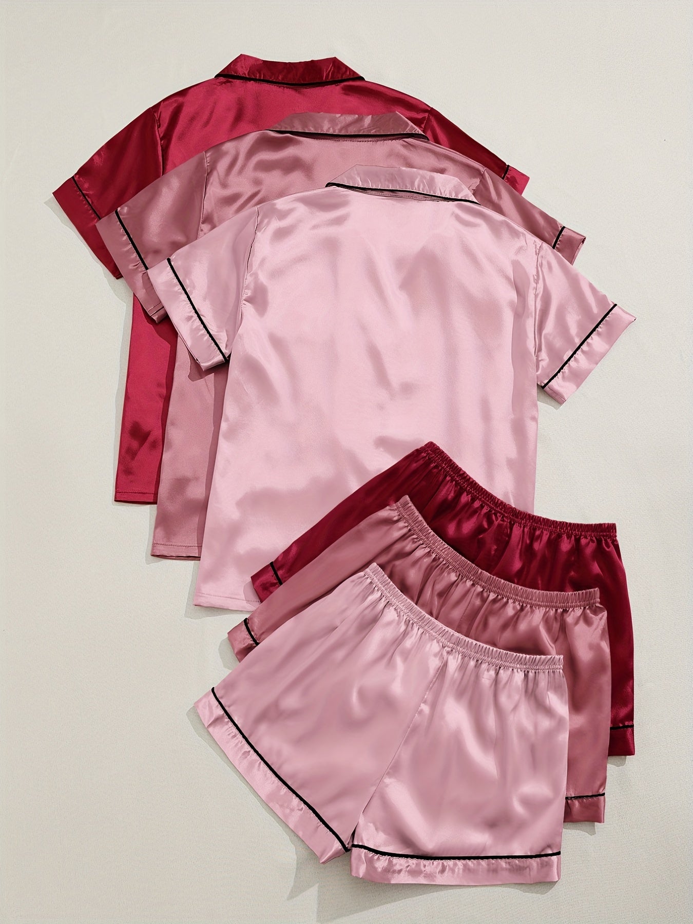 3 Sets Satin Pajama Set, Short Sleeve Lapel Top &amp; Elastic Waistband Shorts, Women's Sleepwear &amp; Loungewear