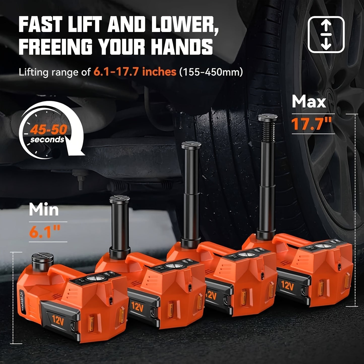 Macaco hidráulico reforçado de 12V e 5 toneladas (elevação de 15,5 a 45 cm) com compressor de ar e luz LED | Sistema de elevação sem fios para automóveis, SUV e camiões, troca de pneus e reparações em oficinas mecânicas.