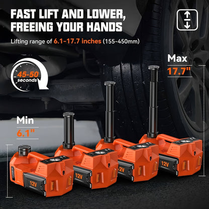 Macaco hidráulico reforçado de 12V e 5 toneladas (elevação de 15,5 a 45 cm) com compressor de ar e luz LED | Sistema de elevação sem fios para automóveis, SUV e camiões, troca de pneus e reparações em oficinas mecânicas.