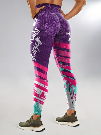 Women's Fashion Color Block Splash Print Yoga Pants, Striped Print Breathable Stretchy Butt Lifting Yoga Workout Running Sports Leggings, Women's Activewear