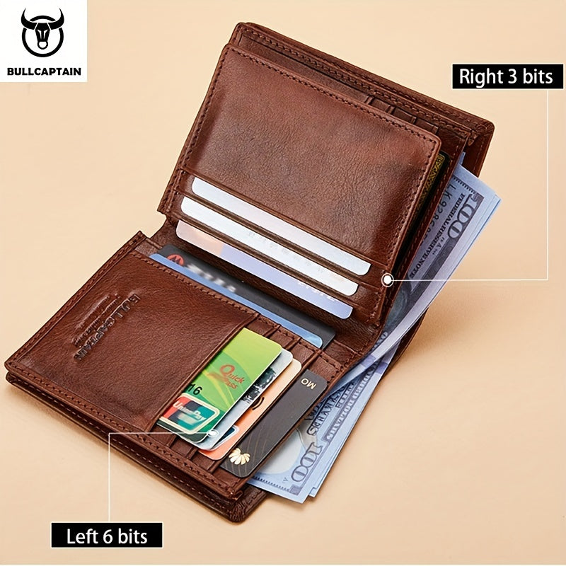 BULLCAPTAIN Men'S Genuine Leather Wallet, Handmade Full-Grain Cowhide, Large Capacity Multi-Card Holder, Driving License Slot, Sleek Black Embossed Logo, Business Style, Polyester Lined, Non-Braided, Secure Travel Wallet | St