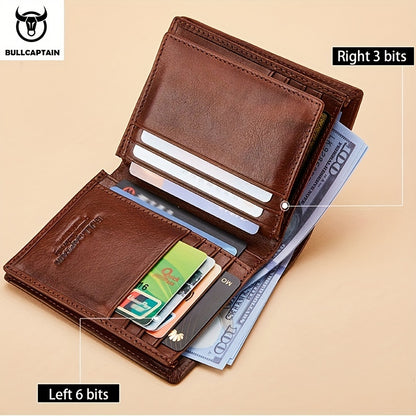 BULLCAPTAIN Men'S Genuine Leather Wallet, Handmade Full-Grain Cowhide, Large Capacity Multi-Card Holder, Driving License Slot, Sleek Black Embossed Logo, Business Style, Polyester Lined, Non-Braided, Secure Travel Wallet | St