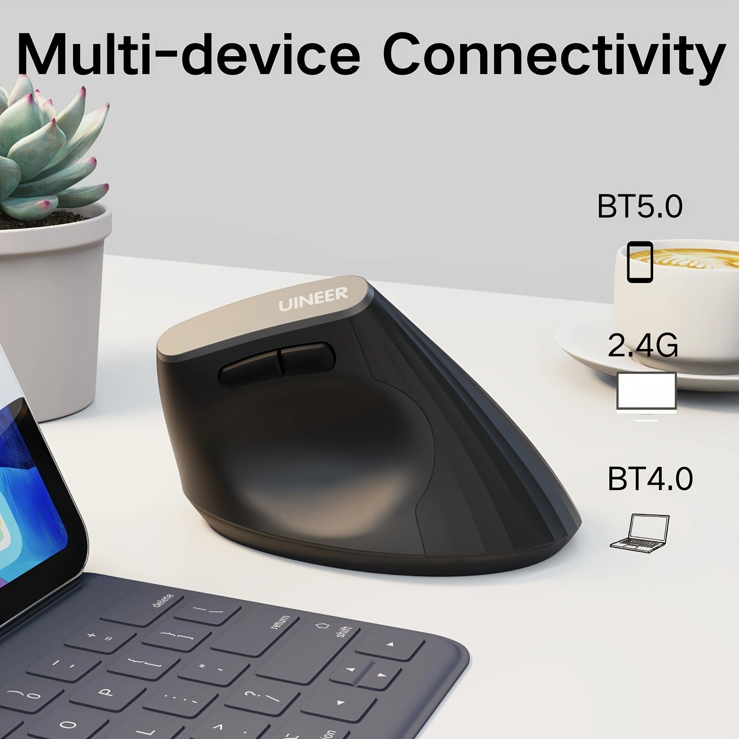 Ergonomic Vertical Wireless Rechargeable Mouse - 3 Modes BT4.0/5.0/USB), Visible Battery Display, 6 Buttons for Office and Study