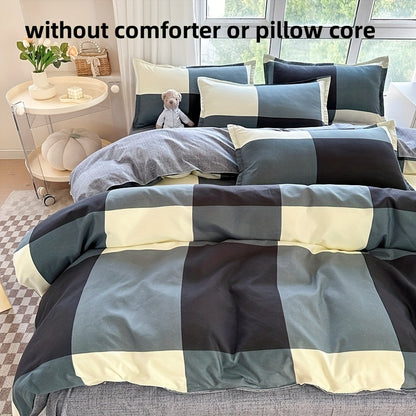 Conjunto de cama de 4 peças macio e respirável - Estampado xadrez espacial criativo, lavável à máquina - inclui lençol, edredão e 2 fronhas para todas as estações - ideal para dormitórios de estudantes, quartos e quartos de hóspedes.