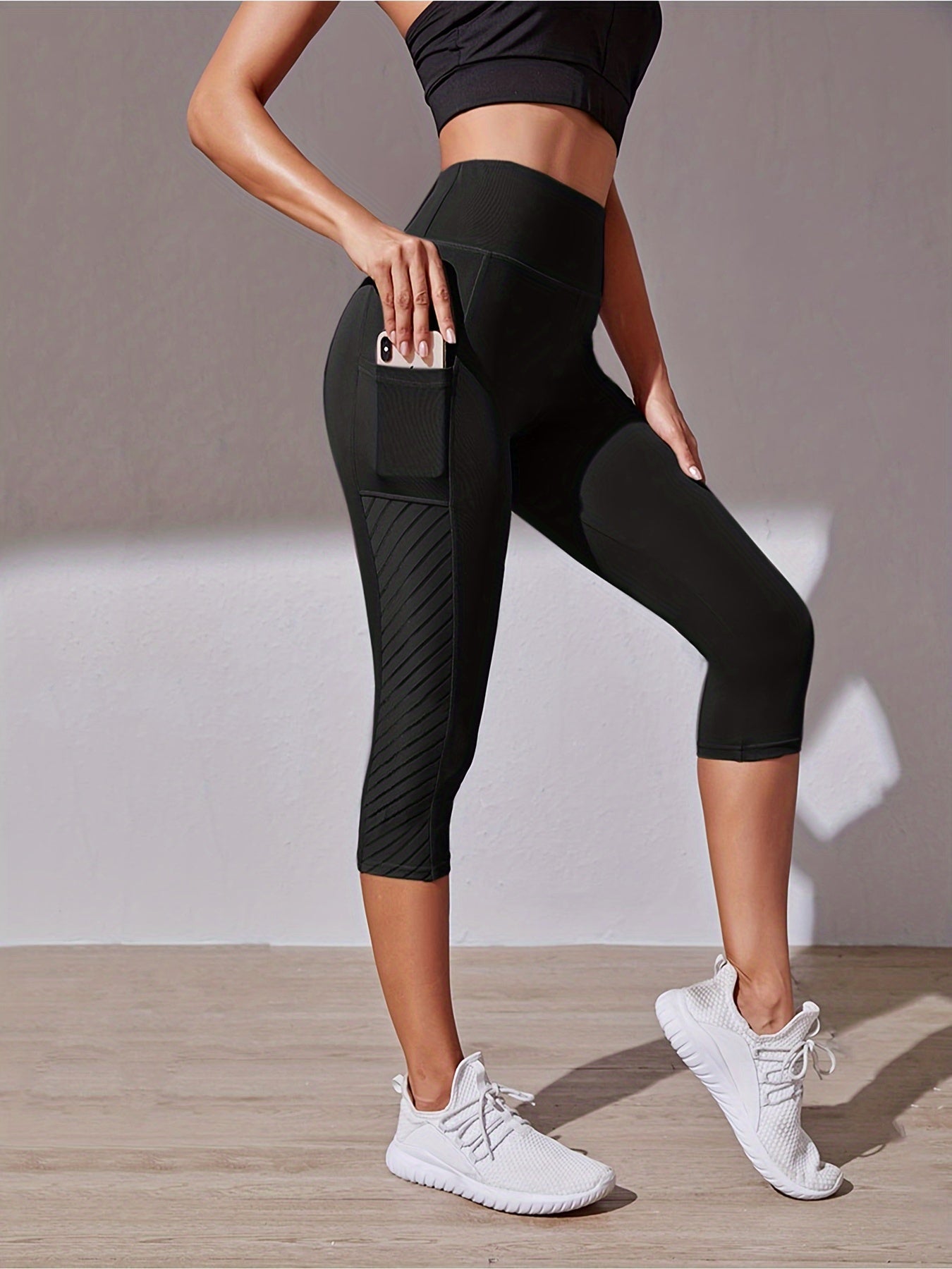 Wide Waistband Tummy Control Hip Lifting Sports Capri Pants, High Waist Stitching Mesh Capri Leggings, Women's Activewear