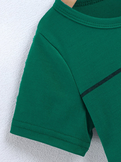 2pcs Set of Boys' Summer Striped Print Round Neck Short Sleeve T-shirt and Casual Shorts