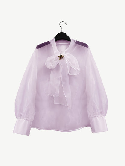 Elegant Plus Size Women'S Blouse with Sexy Bow Collar, Bubble Sleeves, and Pearl Accents - Chic Solid Color Non-Stretch Fabric for All Seasons, Plus Size Blouses
