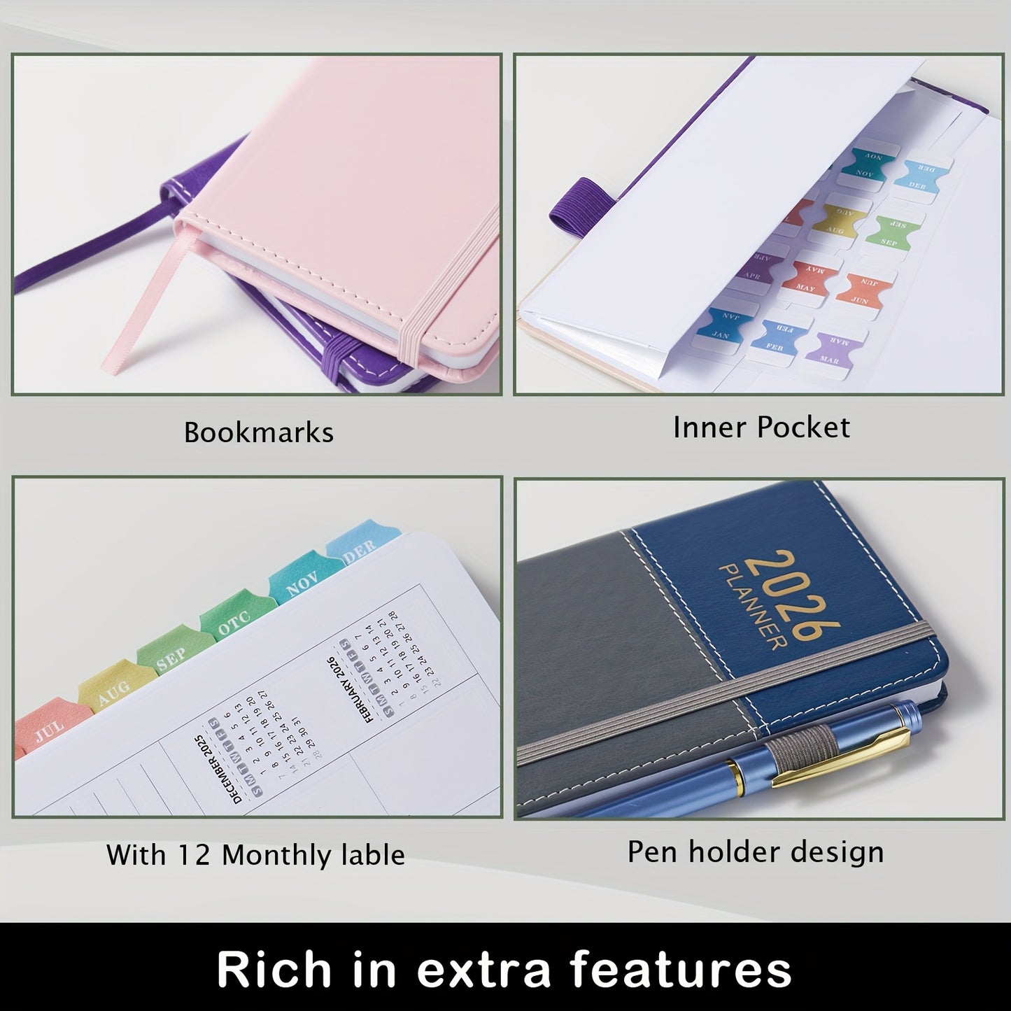 2026 Compact Planner, January 2026 to December 2026. Small monthly and weekly calendar, wallet size, 9.65 cm x 17.78 cm, with elastic band and pen loop, suitable for homeschooling or a Halloween gift.