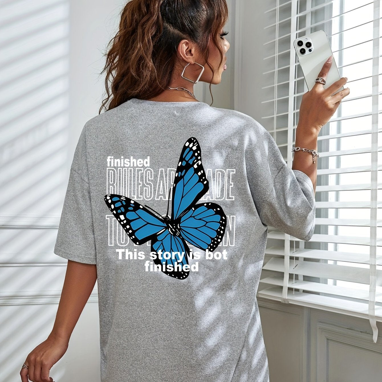 Butterfly Print Loose Sports Short Sleeves Top, Round Neck Running Casual T-shirt, Women's Activewear