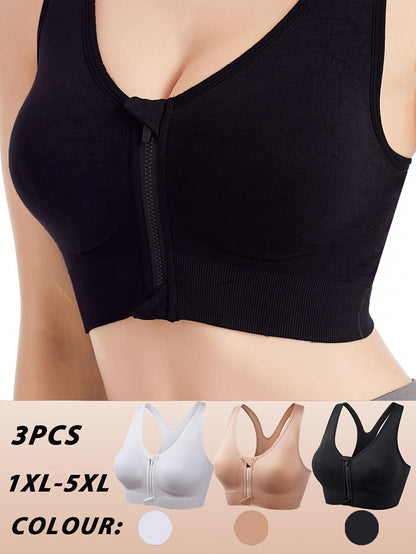 3pcs Plus Size Front Zipper Bras - No Underwire & Removable Pads, Breathable Mesh Running Bras for Women, 1XL-5XL (Navy/Black/Purple), Casual swear, Sleek y Look, Comfortable Fit