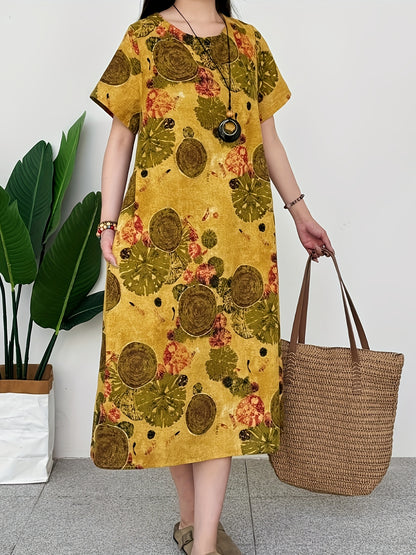 1pc Elegant Linen Tunic Dress for Women, 100% Linen Woven Crew Neck with Pocket Detail, Floral Print, Suitable for Spring/Summer/Fall