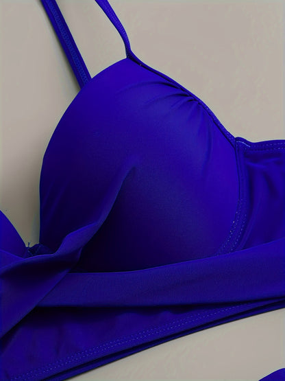 Floral Leaf Print Stretchy 3 Piece Set Swimsuits, Cross Spaghetti Strap Push Up Bikini & Boxer Shorts, Women's Swimwear & Clothing