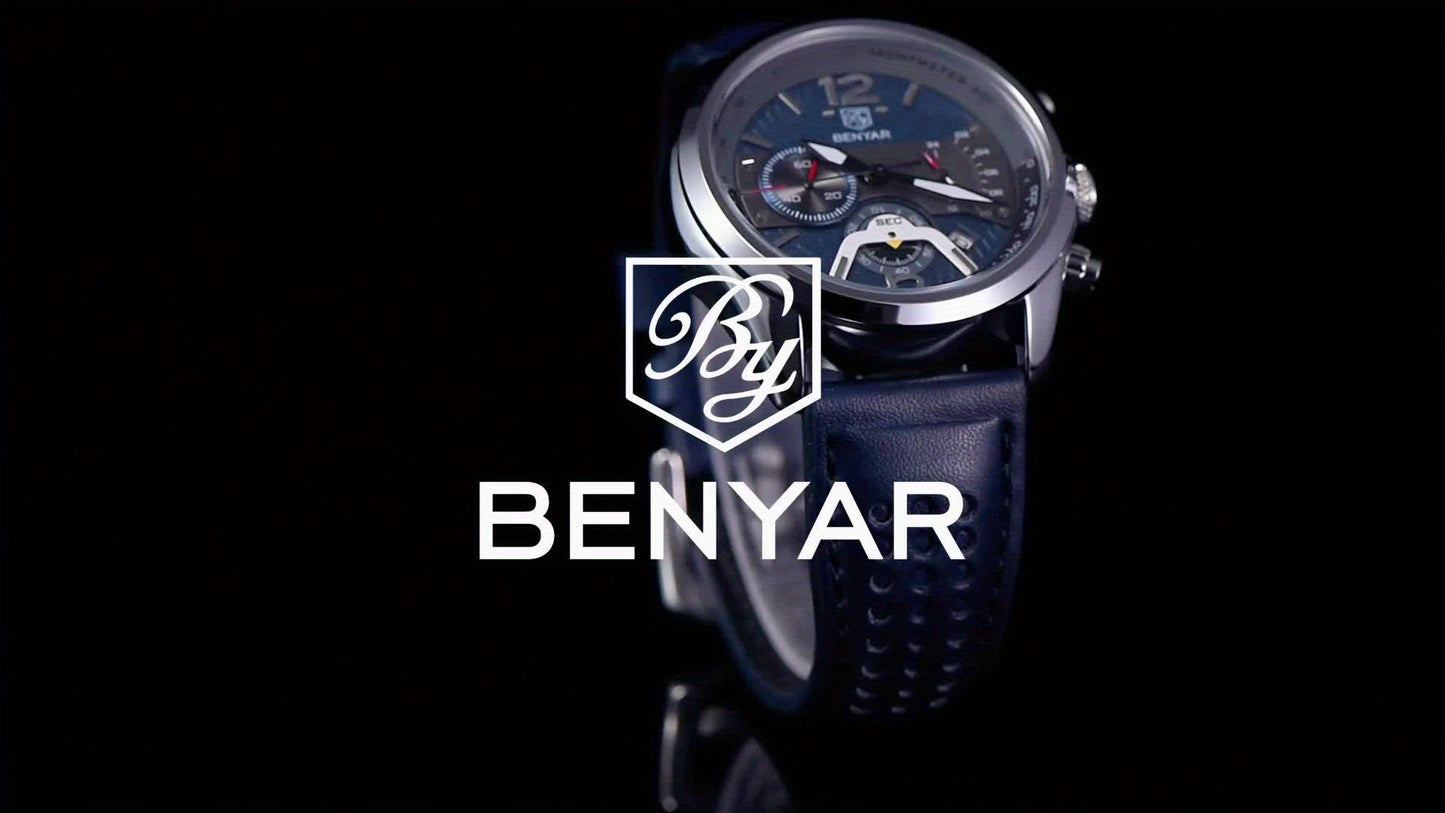 BENYAR Men's Quartz Chronograph Watch with Faux Leather Strap, 30m Waterproof, Fashionable Sport and Business Design, Elegant Gift for Men, Multifunctional, Calendar