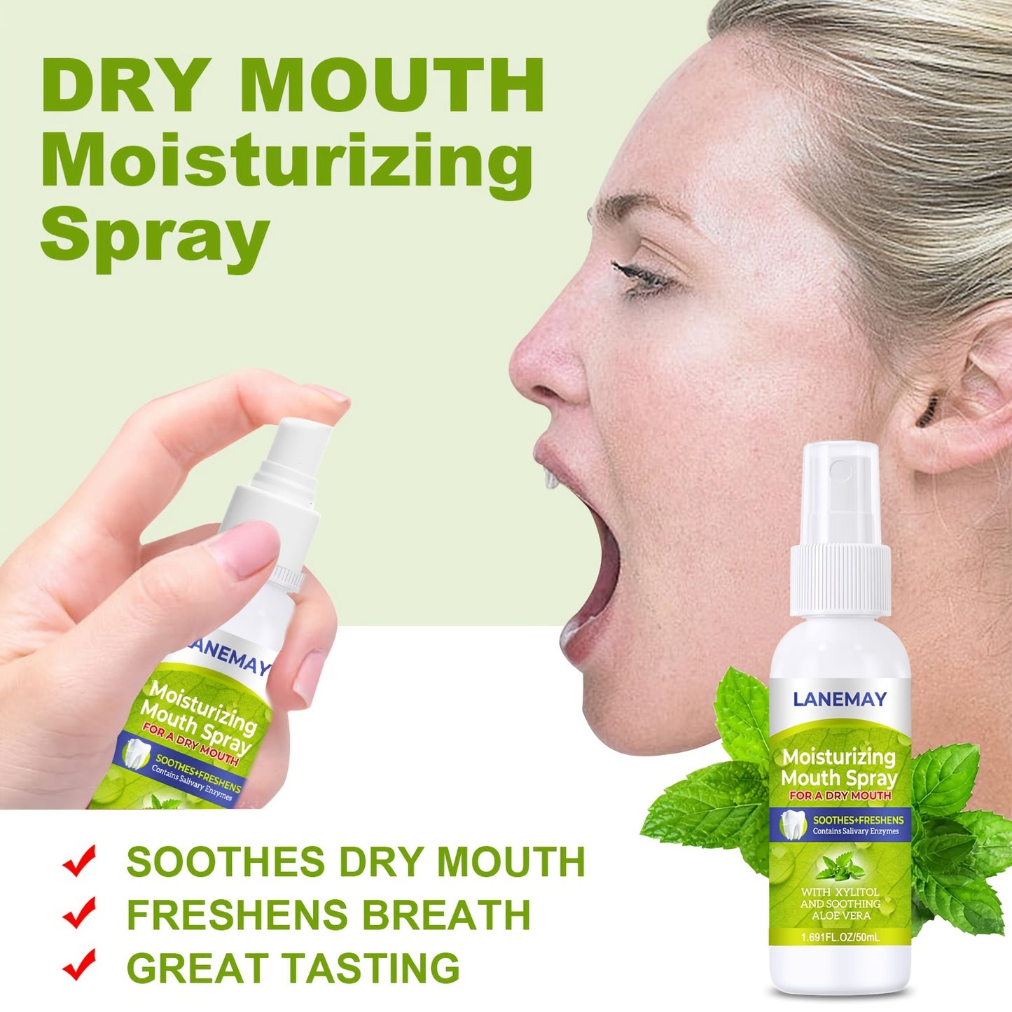 Lanemay Alcohol-Free Dry Mouth Moisturizer with Xylitol and Aloe Vera - Instant Relief Salivary Enzyme Breath Freshener, 1.69fl oz/50ml