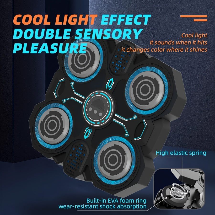 Interactive boxing exercise toy with 4 targets, updated edition with cool LED lights and dynamic music, includes punching gloves, adjustable speed, wall mountable, ideal for indoor training and family fun, battery operated (AA No. 1)
