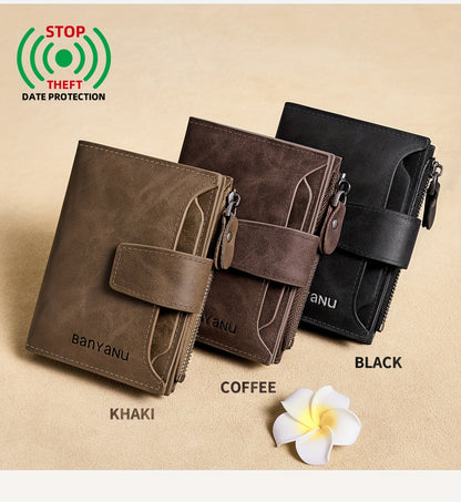 BANYANU Vintage Genuine Leather Wallet for Men - RFID Blocking, 17 Card Slots, Zippered Coin Pocket &amp; Independent Card Holder, Brown, Perfect Father'S Day Gift, Secure Card Storage | Vintage Wallet | Durable Zipper Closure, B