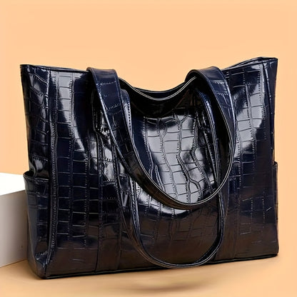 Stylish White Crocodile-Textured Tote Bag with Golden-Tone Hardware - Large Capacity, Durable, Perfect for Commuting, Shopping, and Travel, Travel Tote Bag | Elegant Tote Bag | Durable Tote