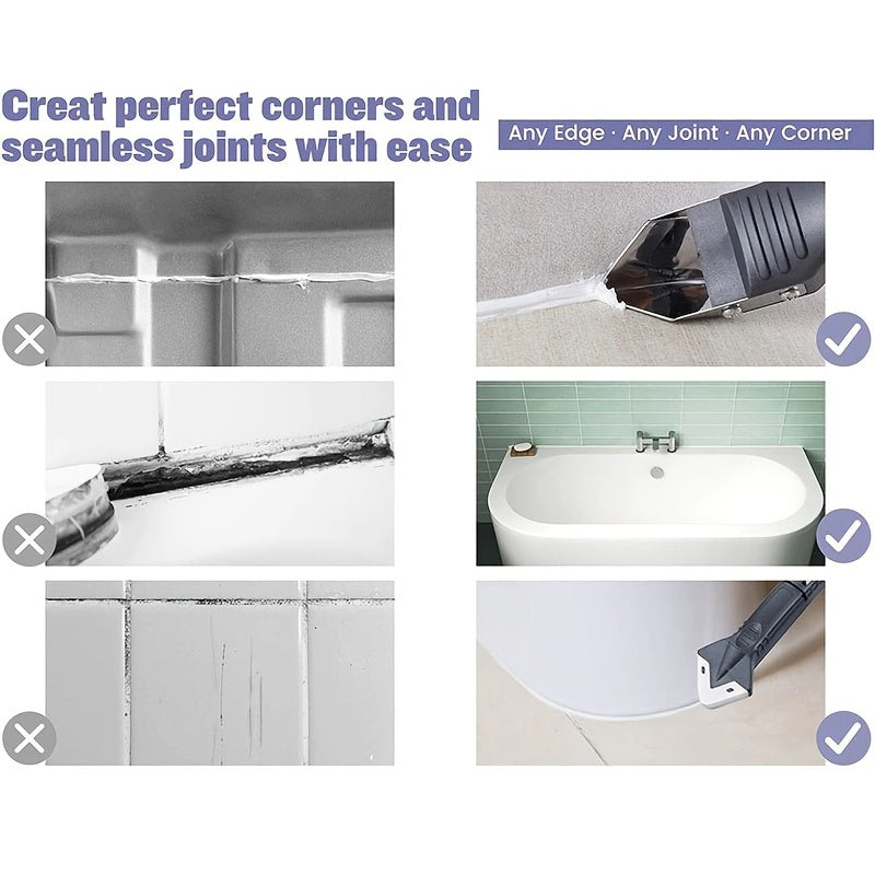 GOXAWEE 5-in-1 Silicone Caulking Tools, Sealant Finishing Tool Grout Remove Scraper With Stainless Steel Head, Caulk Remover Glass Glue Angle Scraper Including 5pcs Reuse And Replace Silicone Pads For Bathroom, Floor, Sink Jo