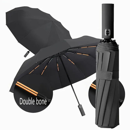 Large Automatic Folding Umbrella - Double Rib Design, Windproof &, 12 Ribs, Compact & Durable, Black with Orange Accents, Dual User Coverage, | Fashion Accessory | High-quality Fabric, Outdoor Umbrella