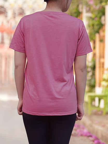 T-shirt casual para mulher com decote em V e estampado da inscrição "Brooklyn New York" - Estampado vibrante em rosa e preto, manga curta, corte regular, lavável à máquina, ideal para a primavera, verão e outono. Tecido resistente e durável.