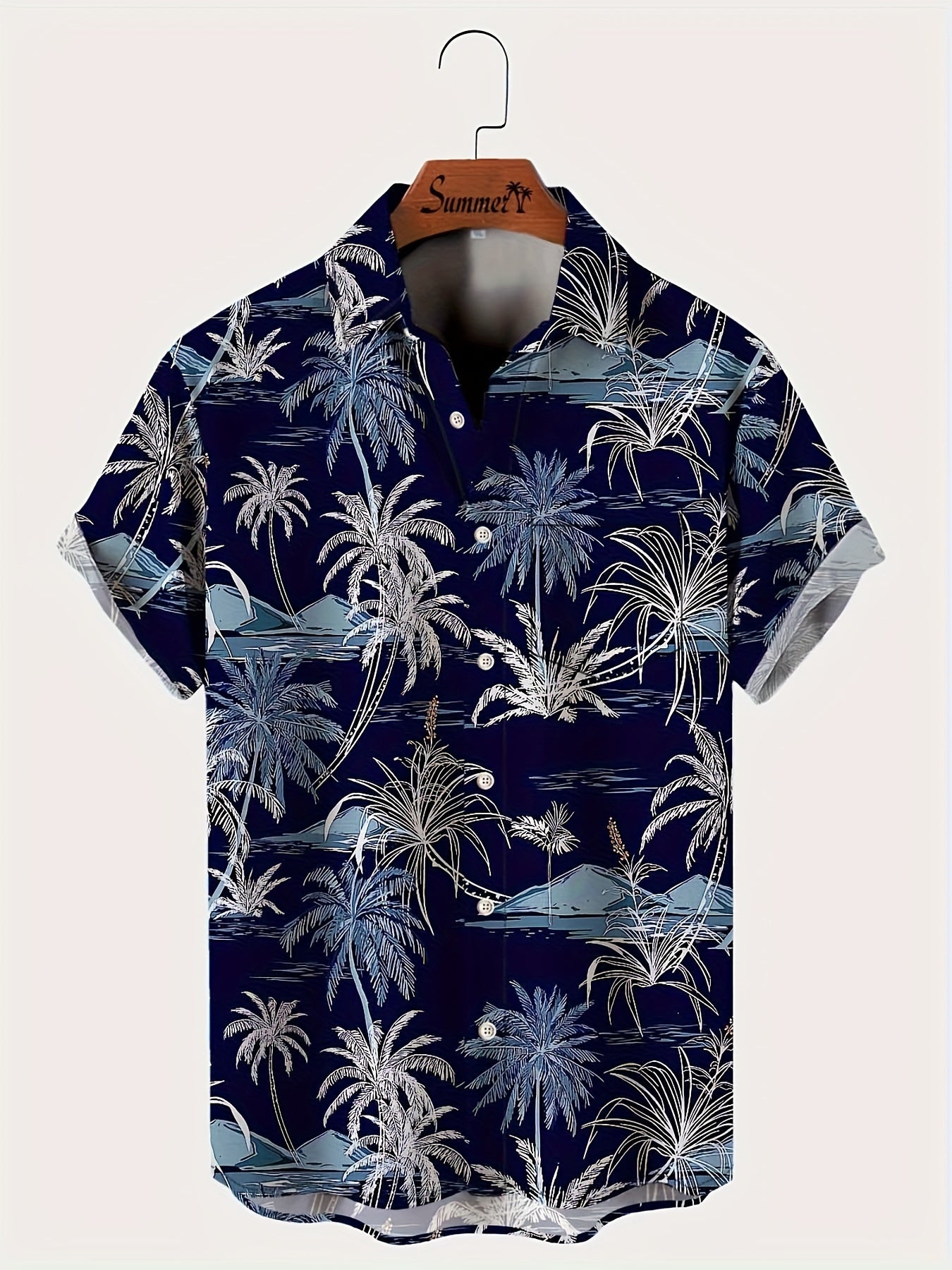 Men's Hawaiian Coconut Tree Print Button-Up Shirt - Tropical Vacation Style Short Sleeve Summer Shirt with Navy Blue & White Palm Design, Machine Washable Regular Fit for Beach Outings & Casual Wear, Hawaiian Shirt, Nontransp
