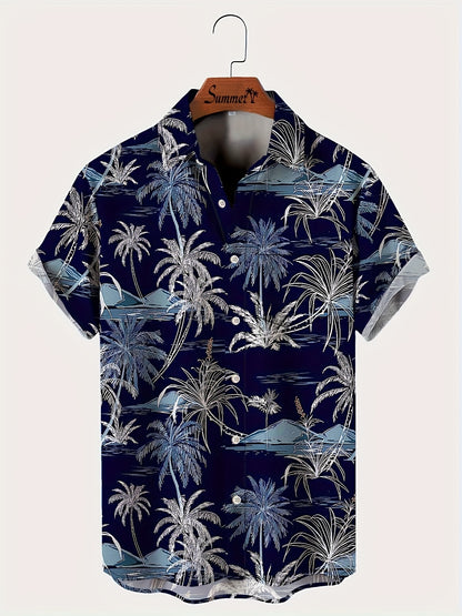 Men's Hawaiian Coconut Tree Print Button-Up Shirt - Tropical Vacation Style Short Sleeve Summer Shirt with Navy Blue & White Palm Design, Machine Washable Regular Fit for Beach Outings & Casual Wear, Hawaiian Shirt, Nontransp