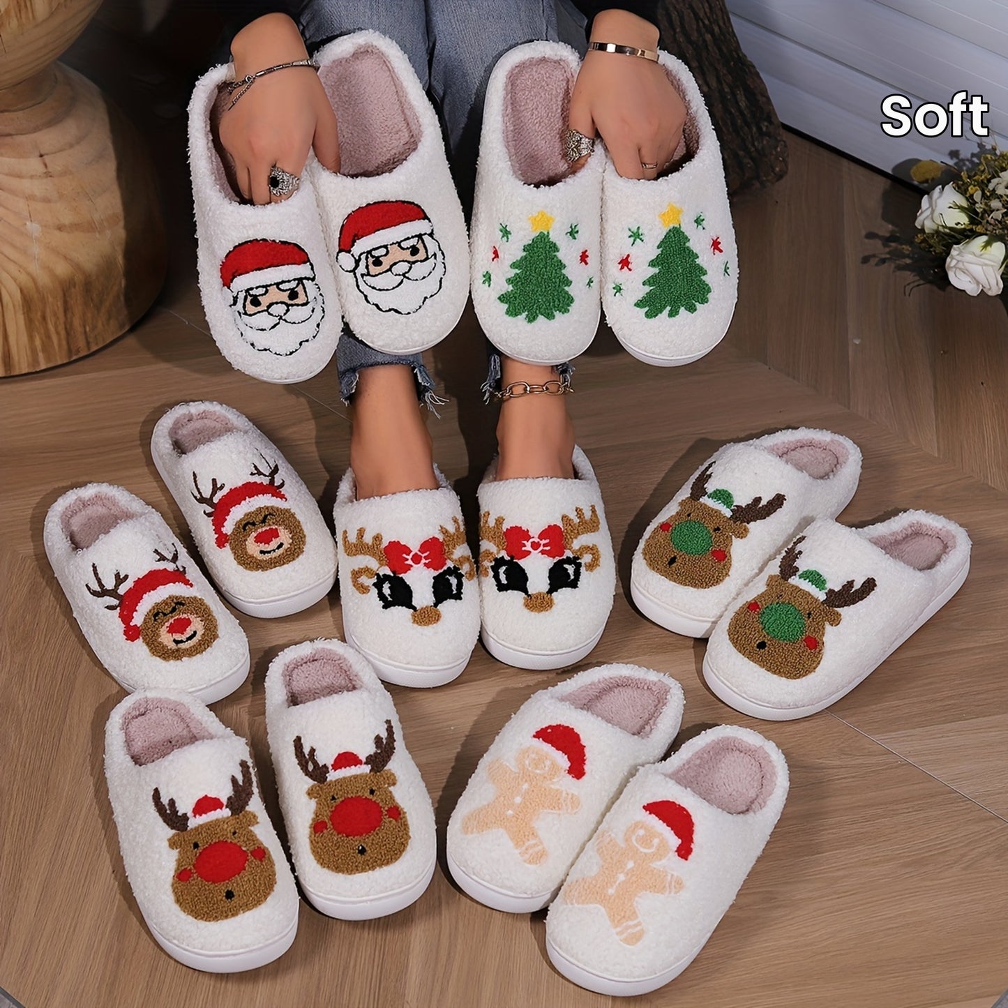 Pantufas felpudas com estampado de árvore de Natal, chinelos de inverno fechados e quentinhos para usar em casa, pantufas aconchegantes de sola macia e felpuda.