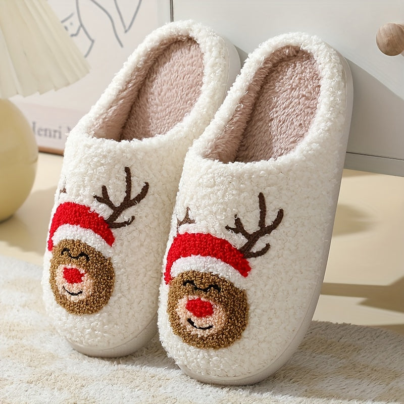 Pantufas felpudas com estampado de árvore de Natal, chinelos de inverno fechados e quentinhos para usar em casa, pantufas aconchegantes de sola macia e felpuda.