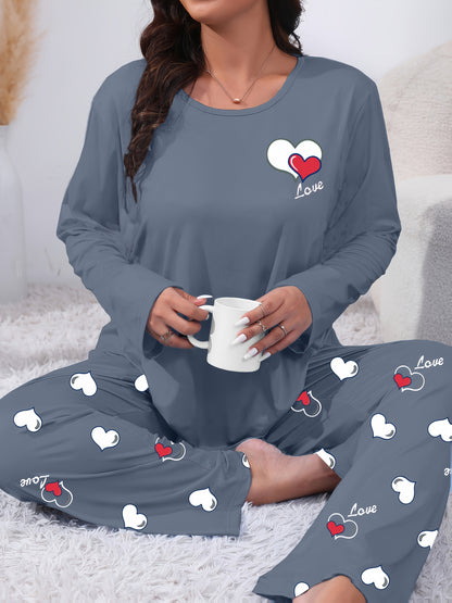 Autumn And Winter Large Size Black Crew Neck Cartoon Small Love Two-Color English Pattern Print Casual And Comfortable Sister Two-Piece Pajama Set