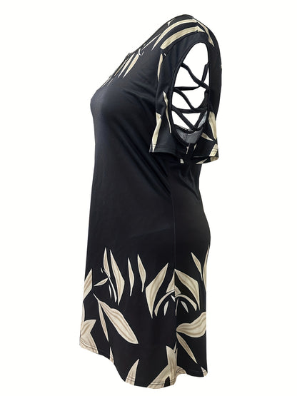 Plus Size Casual Dress, Women's Plus Leaf Print Ring Decor Cut Out Sleeve Round Neck High Stretch Keyhole Front Dress