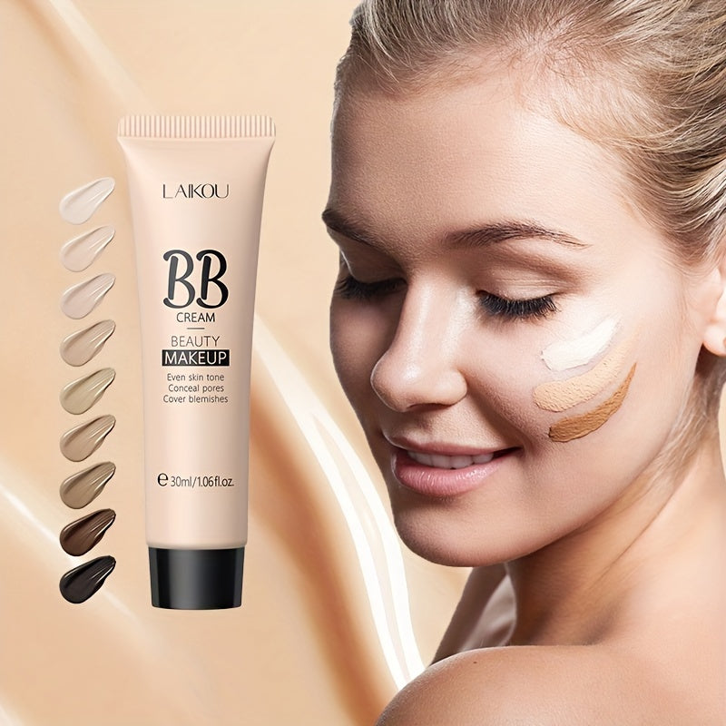 LAIKOU BB Cream à prova de água com cobertura total, tons naturais/marfim/bronzeado, 30ml, base de longa duração, controlo da oleosidade, uniformiza o tom da pele e disfarça os poros.