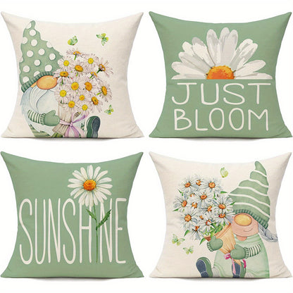 4pcs Daisy Flower Gnome Pattern Spring Throw Pillow Covers, For Home Couch Patio Furniture Bench Sofa Porch Decor, No Pillow Insert, 45.72*45.72cm