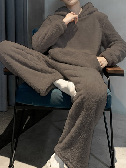 Men's Coral Velvet Pajamas Autumn and Winter Thickened Velvet Winter Hooded Flannel Warm Youth Pajama Set