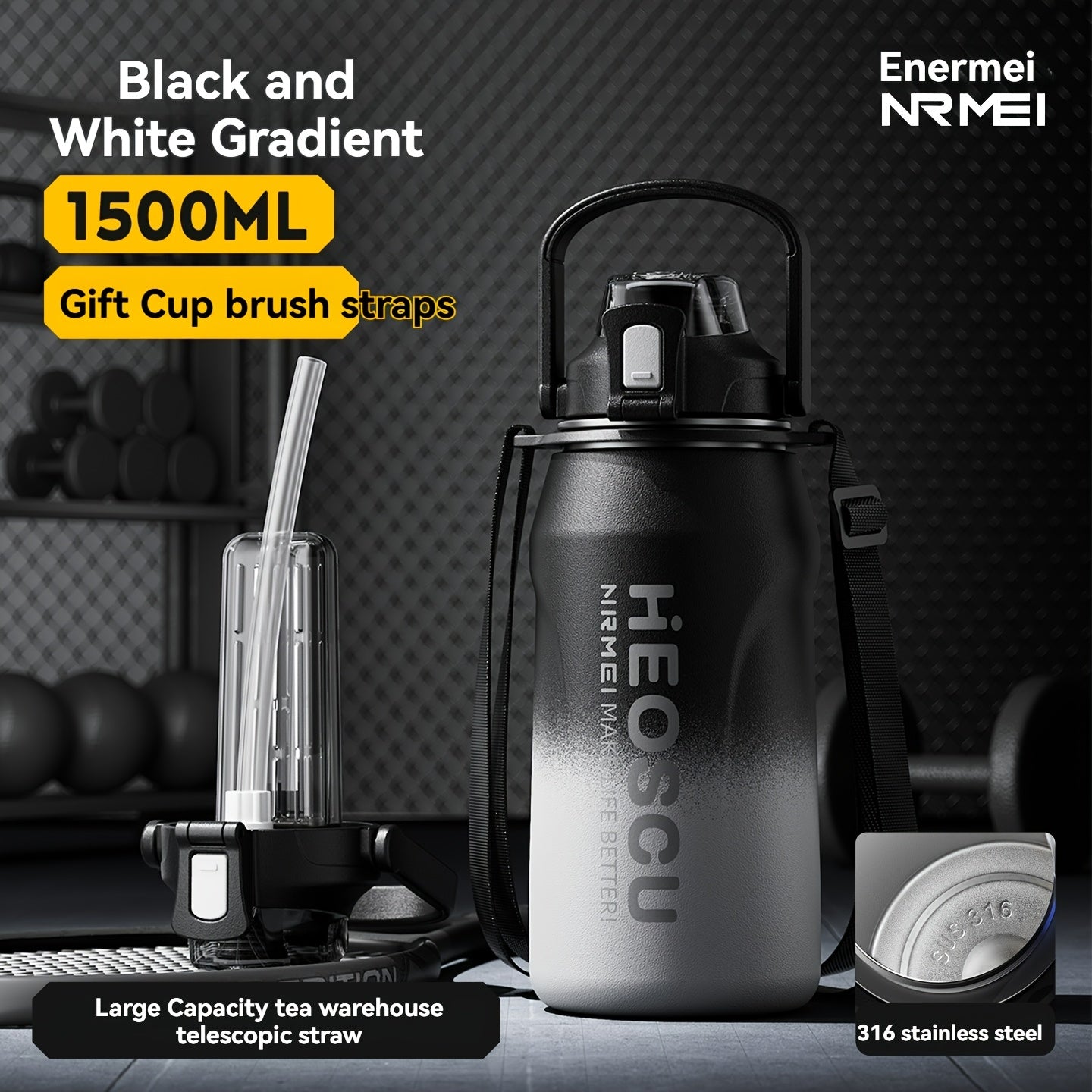 Garrafa térmica em aço inoxidável, mantém a temperatura quente ou fria durante 24 horas, com palhinha e pega/correia, caneca térmica de viagem com parede dupla, livre de BPA.