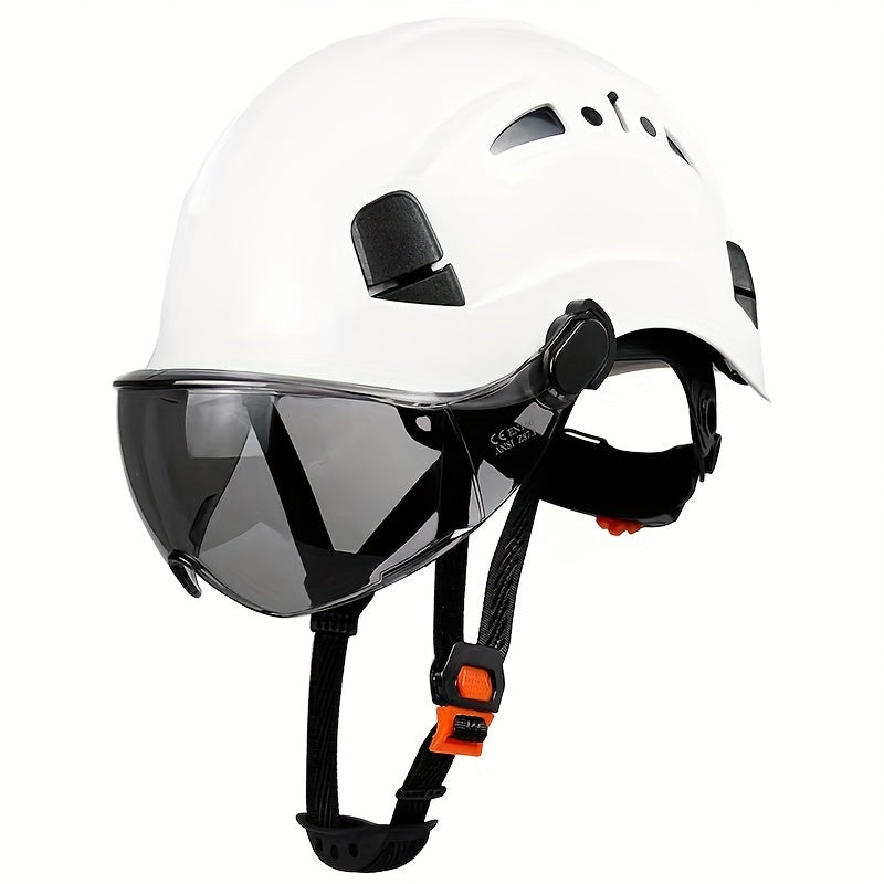 Adjustable Safety Helmet with Integrated Visor - Durable ABS Plastic, Ergonomic Design for Construction & Industrial Use, White, Construction Safety Gear, Sleek Glossy Finish, Secure Fit Straps