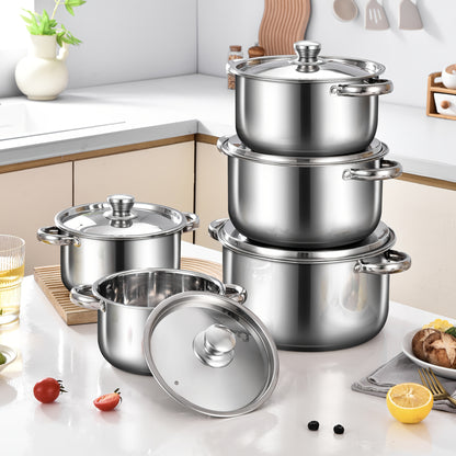 10pcs Stainless Steel Cookware Set, 3.5kg High-Quality, Deep Sided Pots with Lids, Dual Handles, Compatible with Electric Stoves, Ideal for Home and Restaurant Cooking, Suitable for Soup, Hot Pot, Pasta, Seafood Stew
