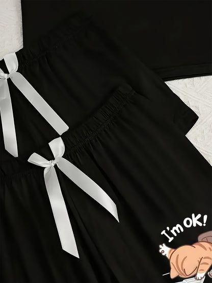 Women's 3pcs Pajama Set, Cartoon Work Kitten Print Short Sleeve Pajamas, Shorts and Longs - Bow Style, Suitable for Multiple Seasons