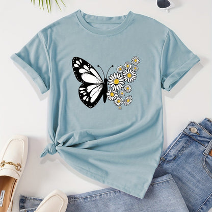 T-shirt casual para mulher com estampado floral de borboletas e margaridas, gola redonda - Verde azeitona, Lavável à máquina, Modelagem regular para looks casuais, Moda para todas as estações, Estilo descontraído, Tecido não transparente