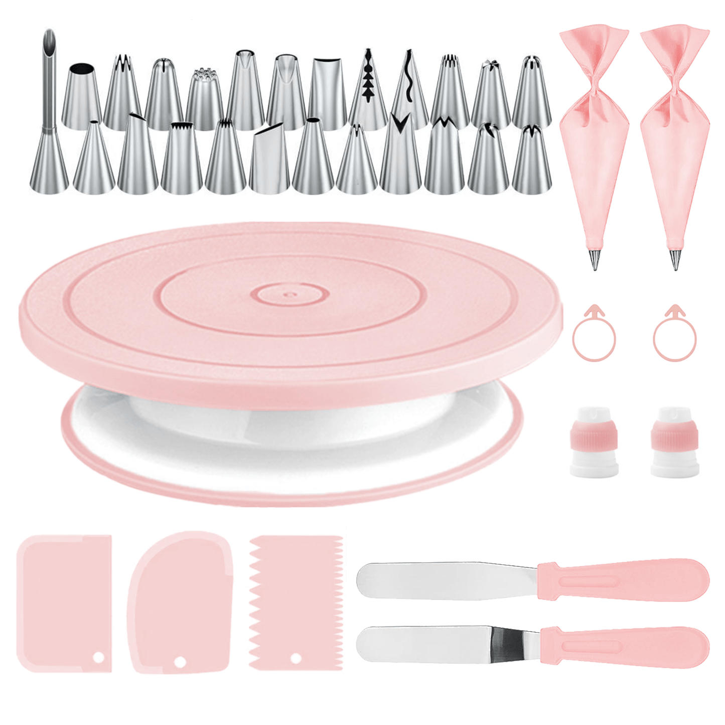 36pcs Stainless Steel Piping Nozzles Cake Turntable Set, 24 Piping Nozzles, 1 Cake Turntable, 2 Reusable Piping Bags, 2 Silicone Rings, 2 Converters, 2 Cream Spatulas, 3 Cream Scrapers, Cake Decorating, Nozzles, Pastry, Cupca