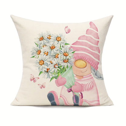 4pcs Daisy Flower Gnome Pattern Spring Throw Pillow Covers, For Home Couch Patio Furniture Bench Sofa Porch Decor, No Pillow Insert, 45.72*45.72cm