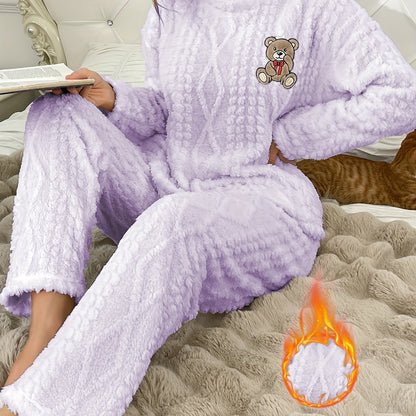 Autumn and Winter Plush Pajamas for Women - Thickened Coral Velvet Long Sleeve Top with Round Neck, Pants Set, Cute Bear Embroidery Cartoon Warm Suit, Comfortable Casual Outfit