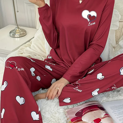 Plus Size Casual Heart Print Round Neck Long Sleeve Pantsuit