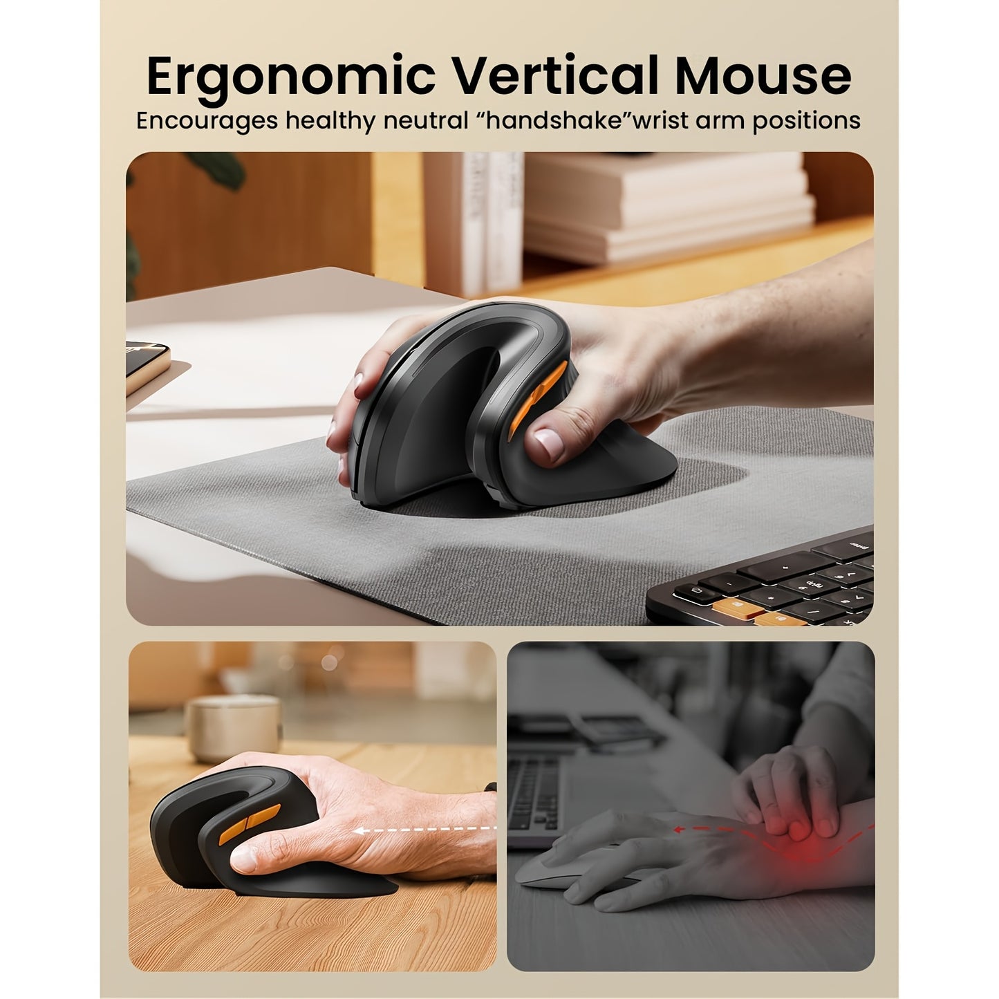 Ergonomic Vertical Mouse, BT Rechargeable Mouse Wireless, Ergo Mouse With 3 Multi-Device For PC/Notebook/Laptop, 2.4GHz Optical Mouse For Windows, Mac OS