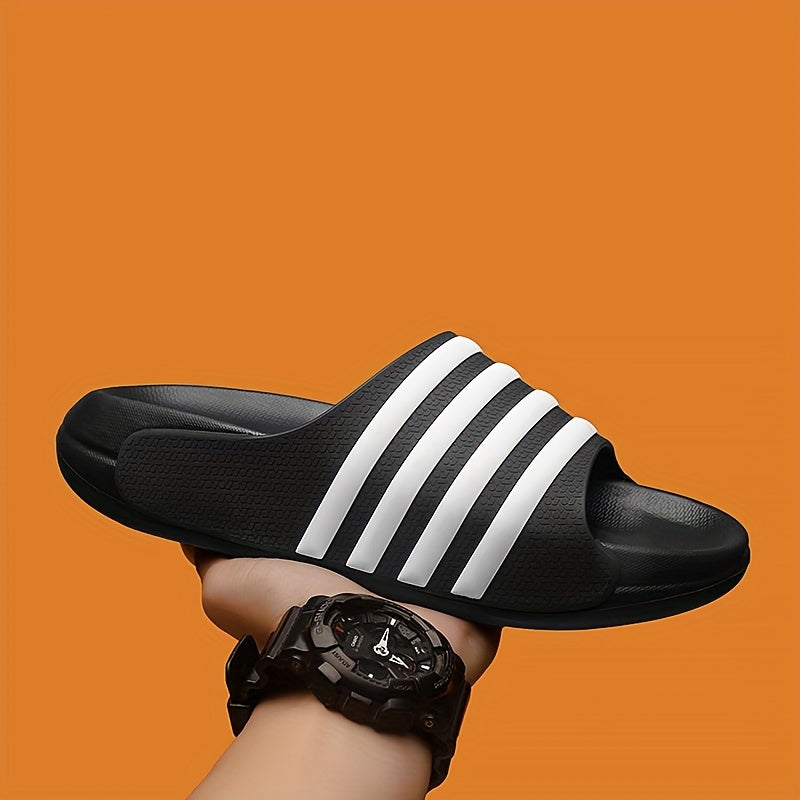 Chinelo unissexo casual às riscas, bico redondo, sola macia em EVA antiderrapante e antirriscos, ideal para caminhadas, atividades ao ar livre e uso diário.